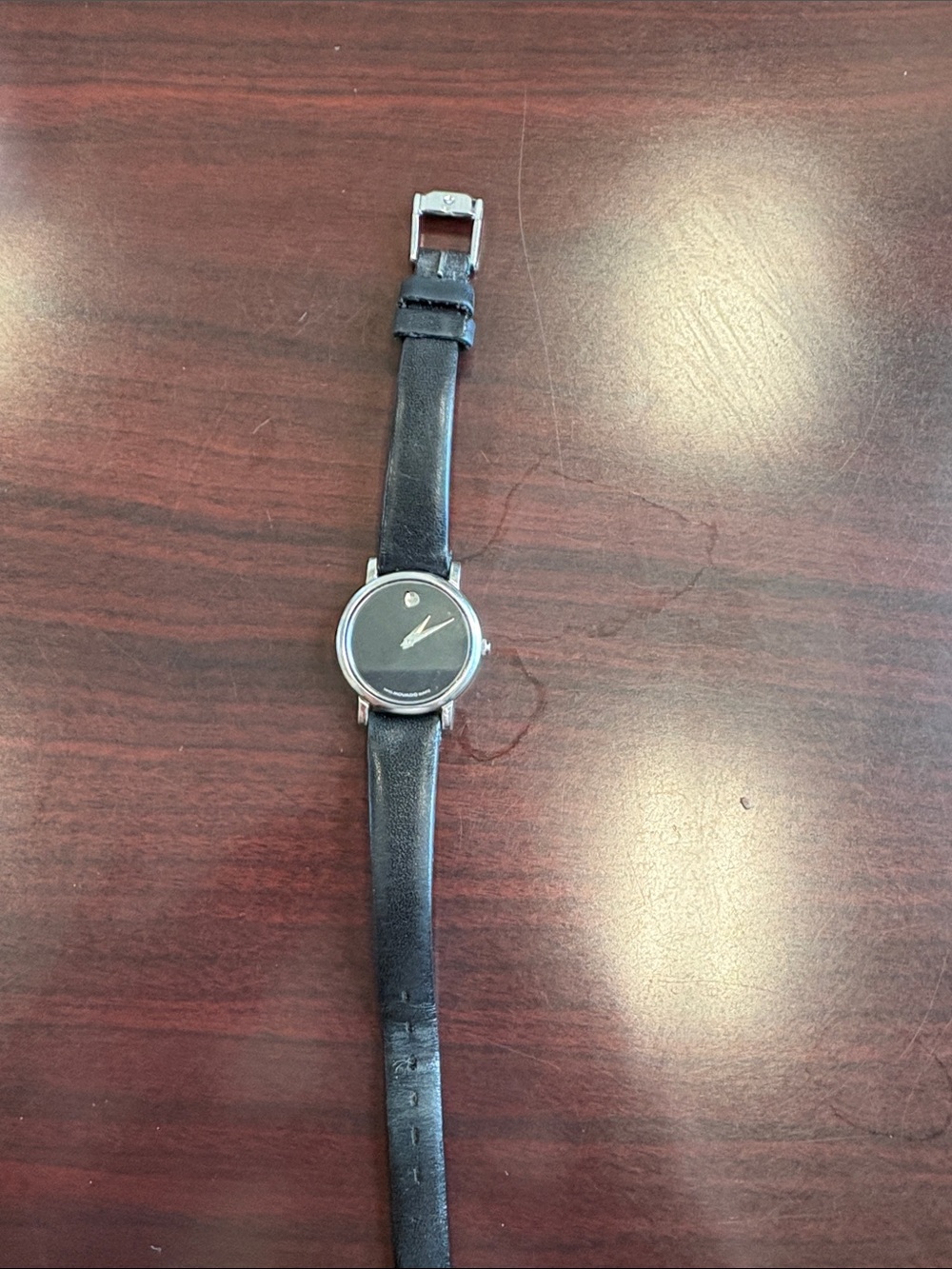 Movado Black Dial Leather Strap Minimalist Watch